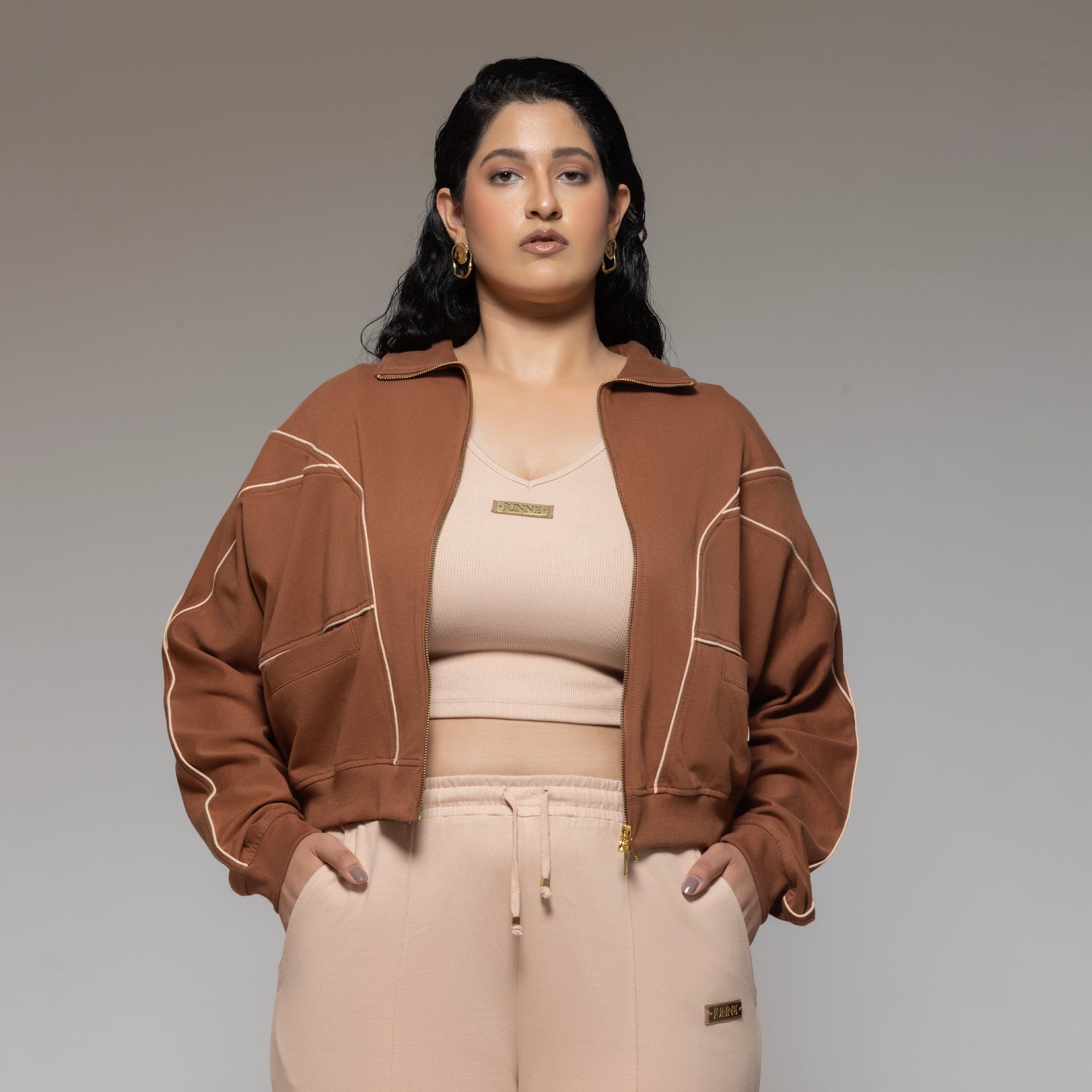 Bare peach Set With Mocha Jacket