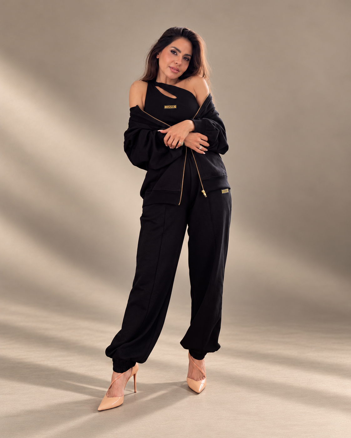 JUNNE Midnight Trio Co-ord Set — black Kylie Top, Kendall Jacket and Mila Joggers; full-length standing hero view