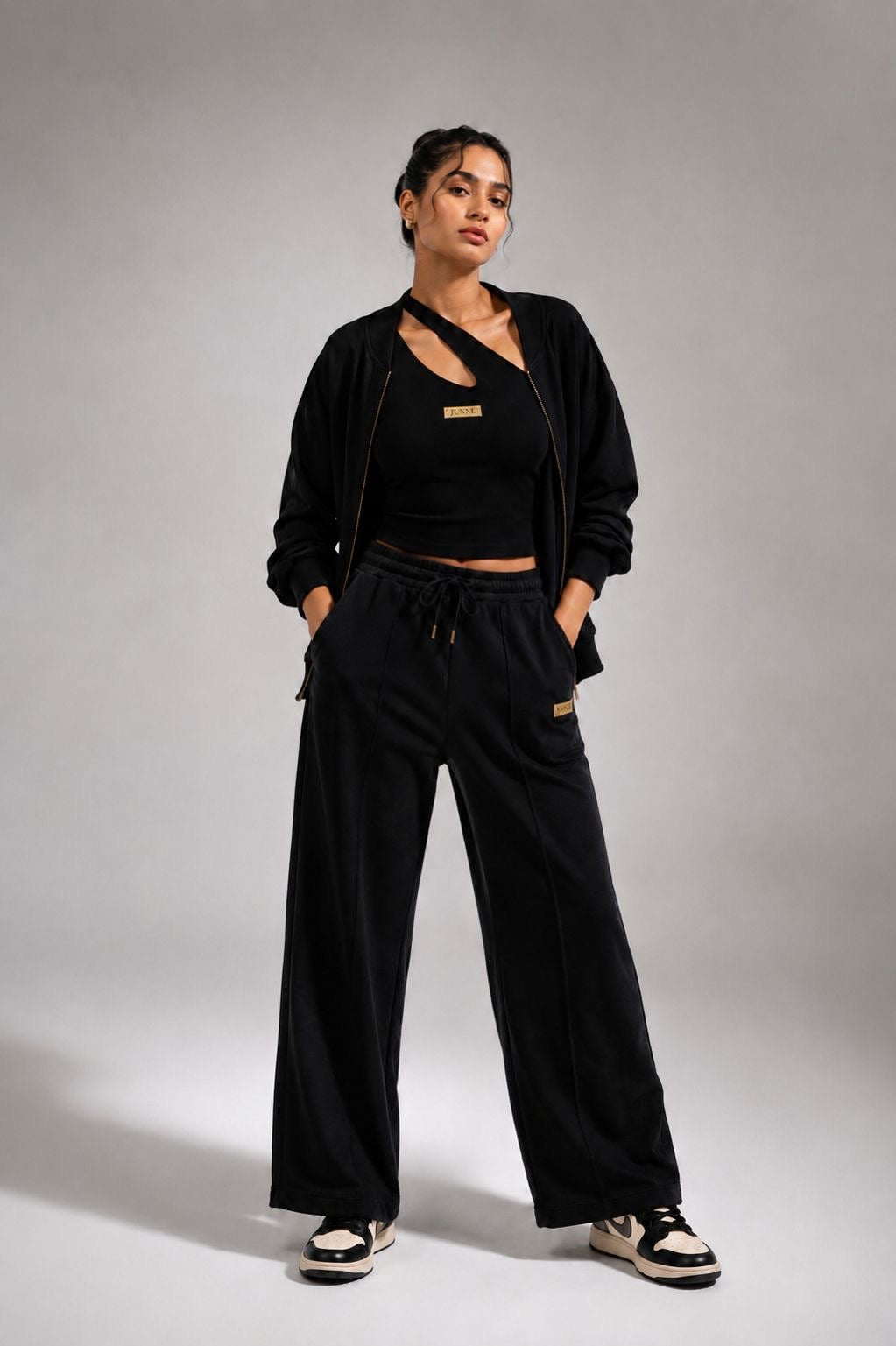 Kylie Kendall 3-Piece Co-ord with black jacket, Kylie top and lounge pants