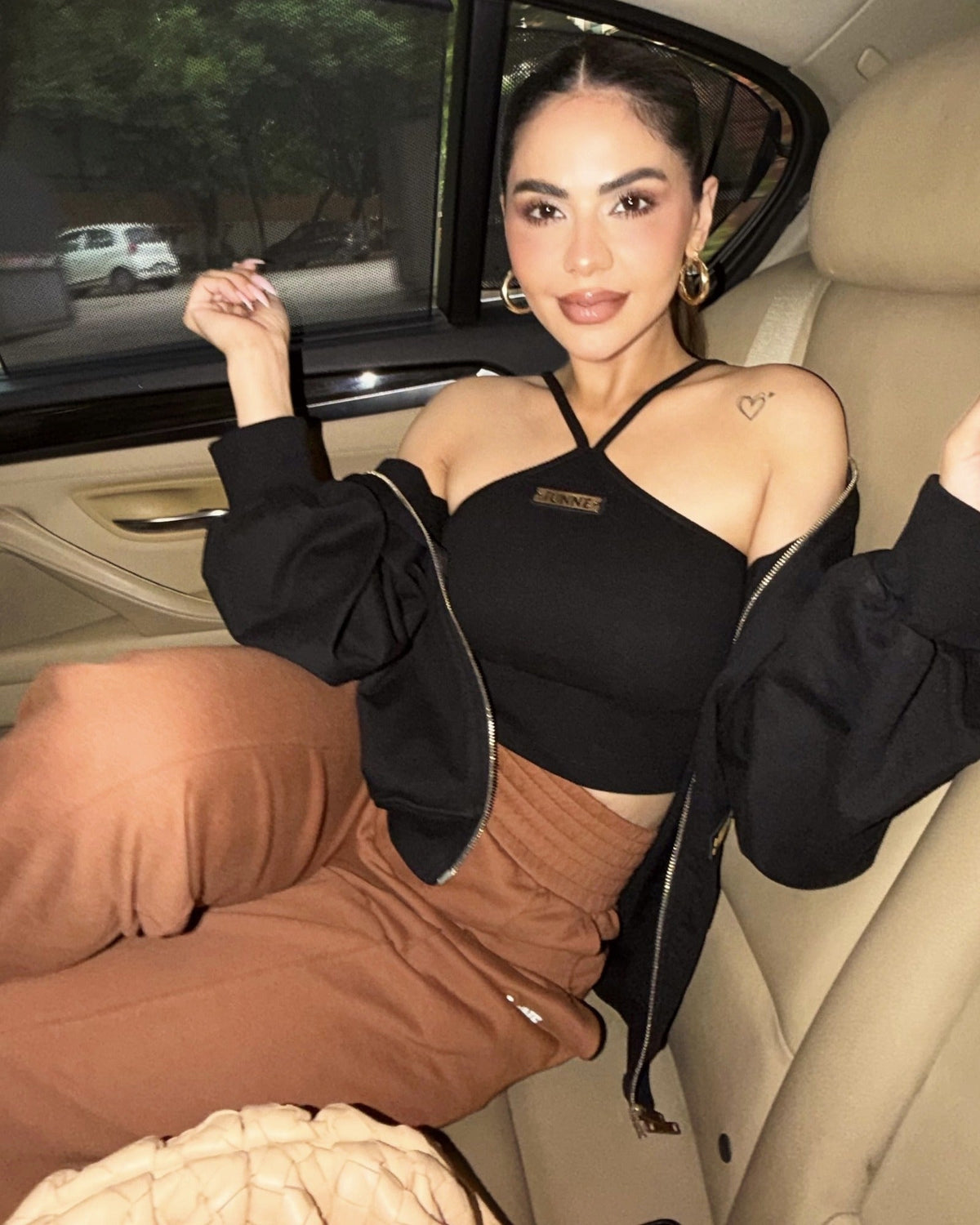 Mocha Rush Layered Co-ord with Oversized Black Kendall Jacket