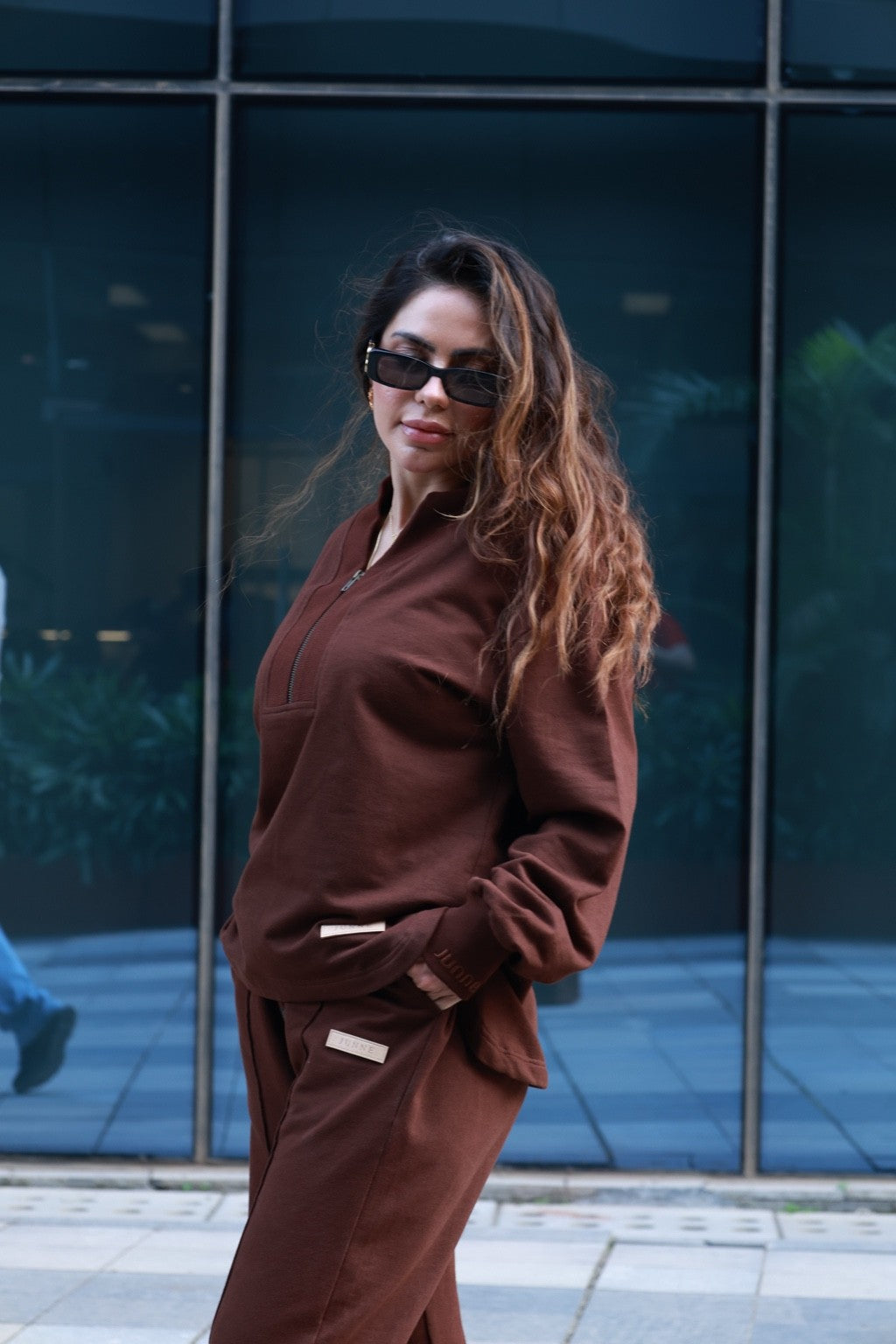 JUNNE Truffle Quarter-Zip Sweatshirt detail view